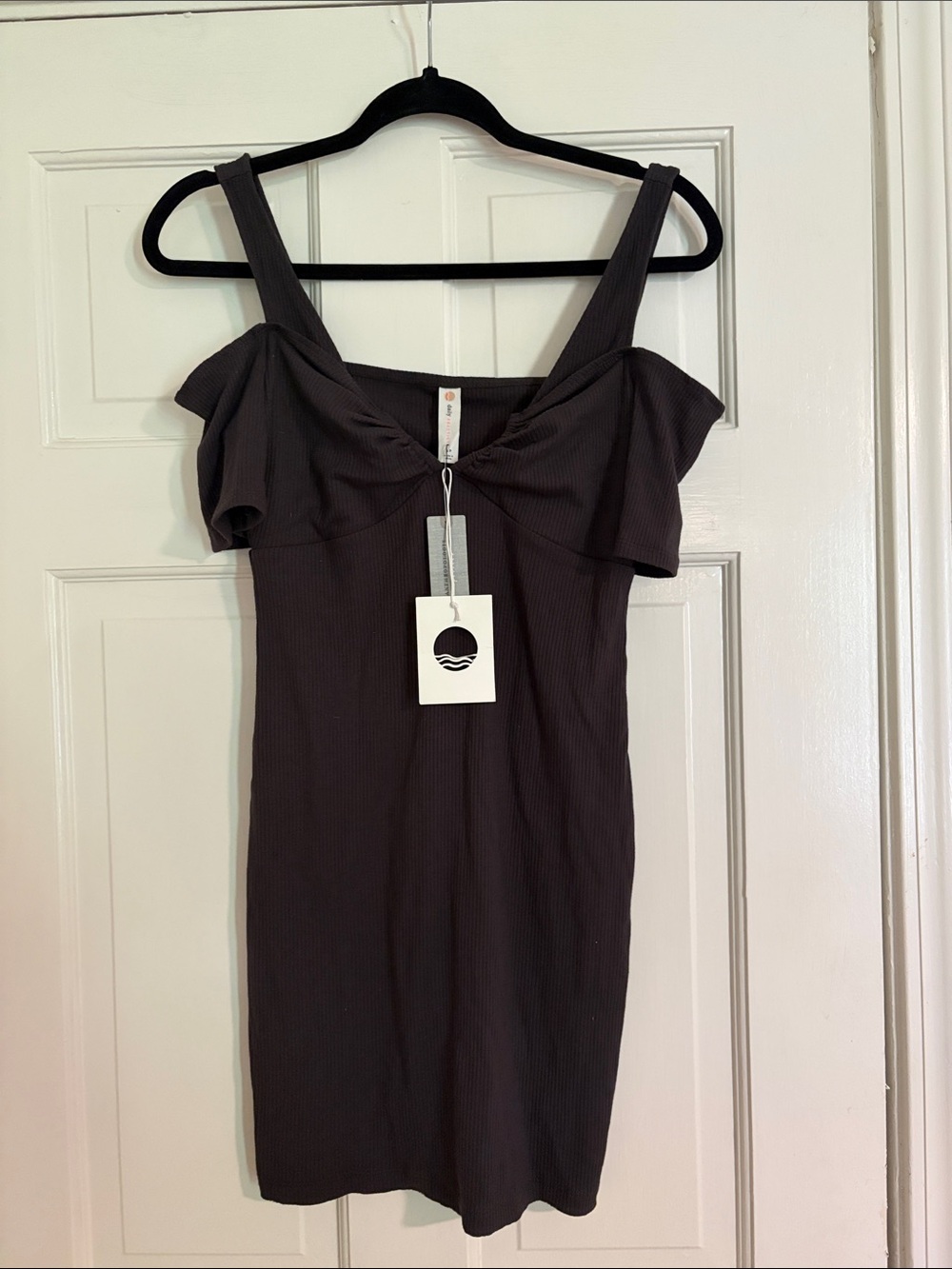 Anthropologie Off-Shoulder Ribbed Mini Dress — Dark Brown